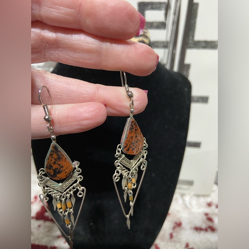Boho Silver Tone Stone Teardrop Chandelier Fringe Earrings Geometric